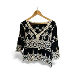 Women's New Look Black & Beige Embroidered Blouse M